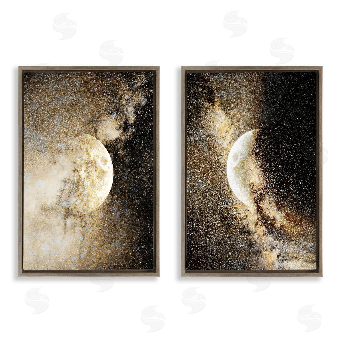Moons with Starry Nebulas Brown Floating Frame Canvas Wall Art, Home Decor by Gemma Bardot