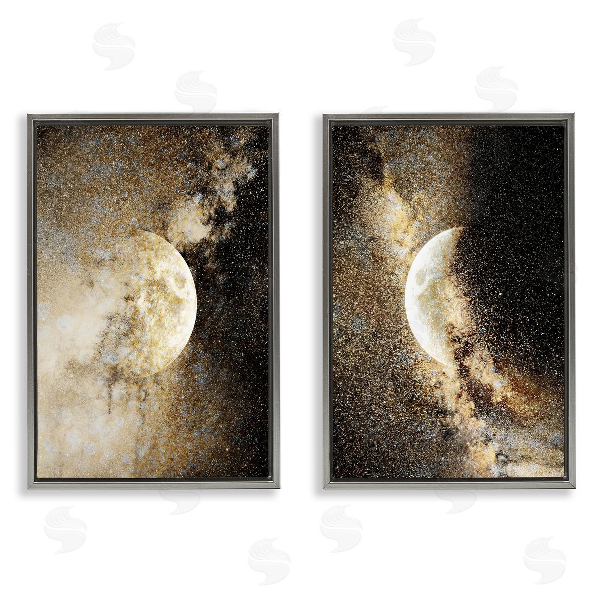Moons with Starry Nebulas Grey Floating Frame Canvas Wall Art, Home Decor by Gemma Bardot