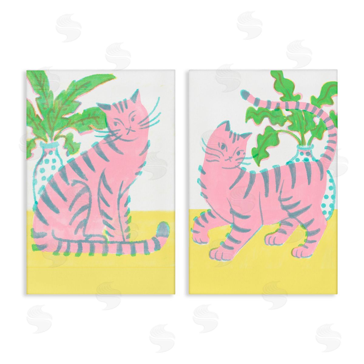 Pastel Pink Cats & Plants Canvas Wall Art, Home Decor by Hannah Moren