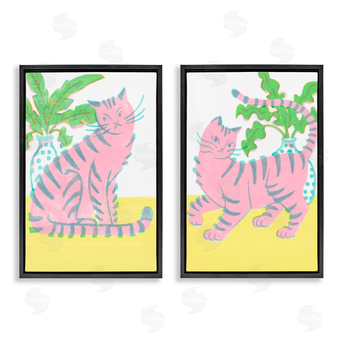 Pastel Pink Cats & Plants Black Floating Frame Canvas Wall Art, Home Decor by Hannah Moren