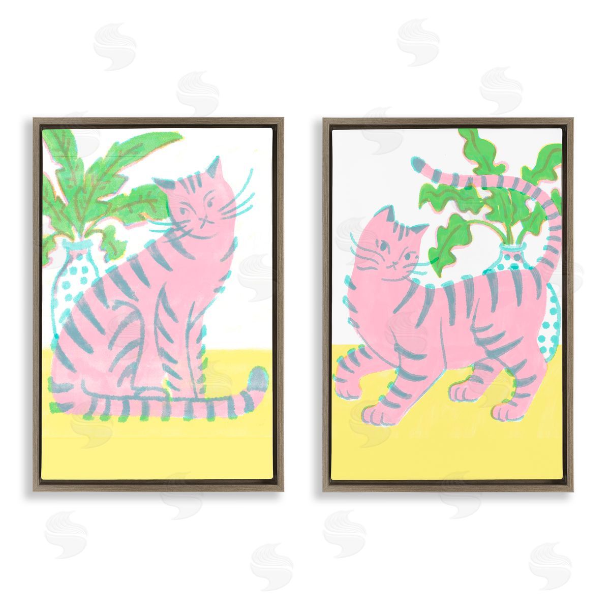 Pastel Pink Cats & Plants Brown Floating Frame Canvas Wall Art, Home Decor by Hannah Moren