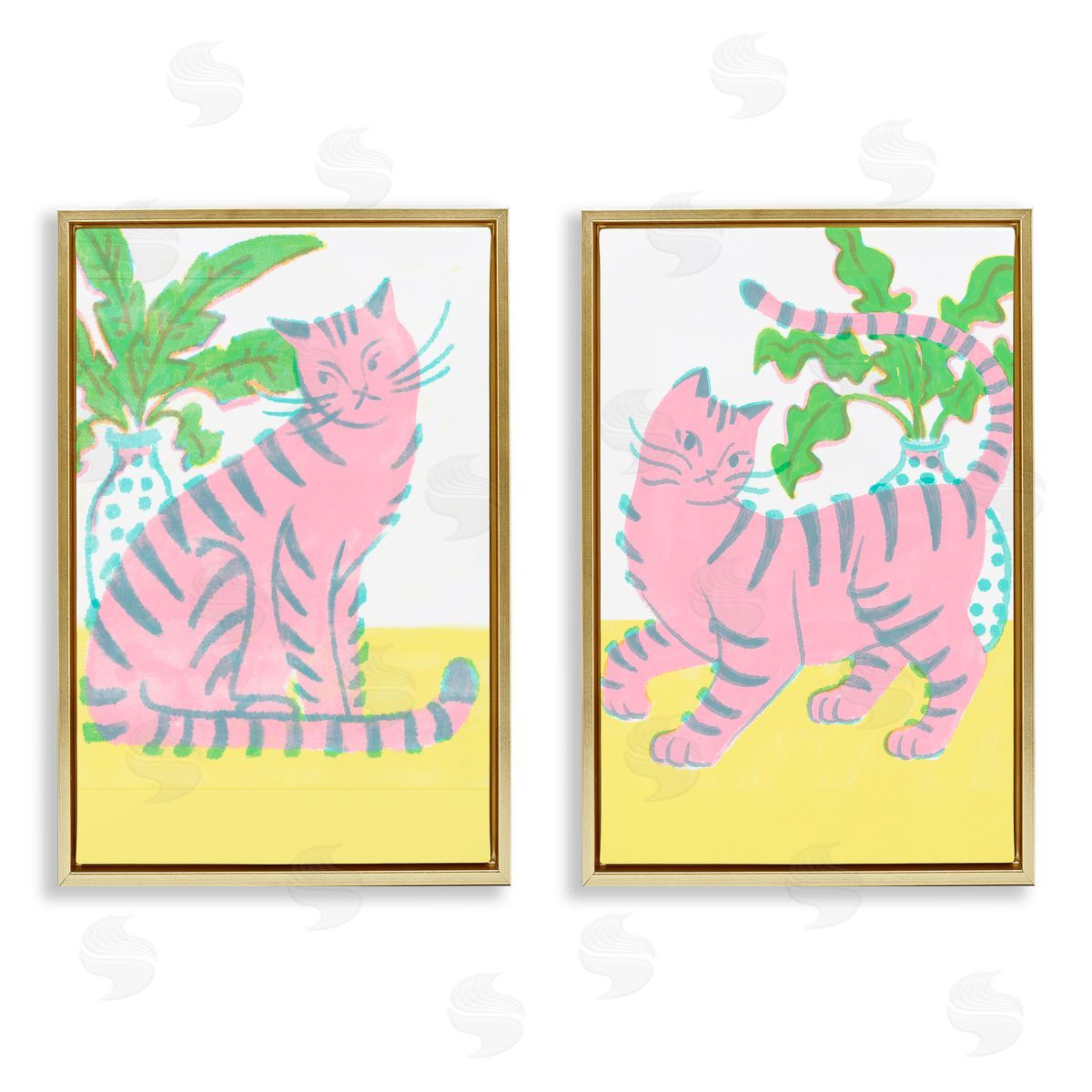 Pastel Pink Cats & Plants Gold Floating Frame Canvas Wall Art, Home Decor by Hannah Moren