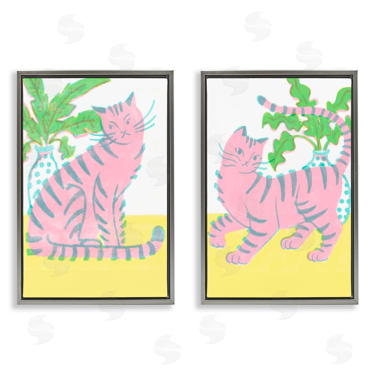 Pastel Pink Cats & Plants Grey Floating Frame Canvas Wall Art, Home Decor by Hannah Moren