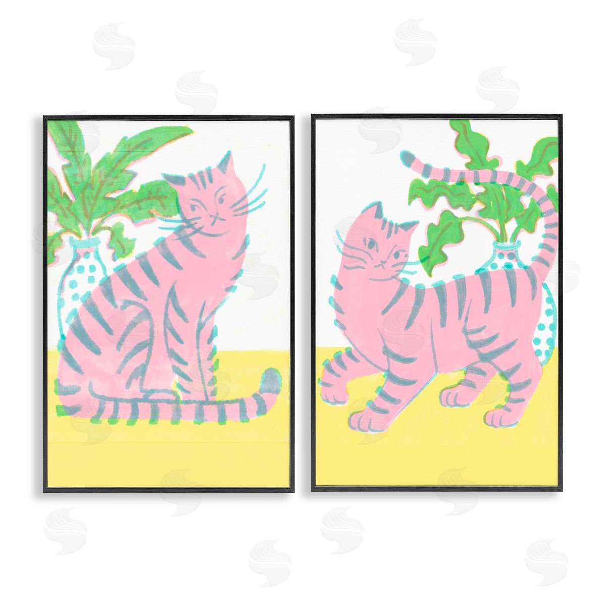 Pastel Pink Cats & Plants Black Frame Print Wall Art, Home Decor by Hannah Moren