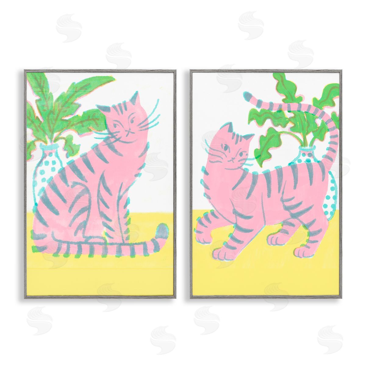 Pastel Pink Cats & Plants Grey Frame Print Wall Art, Home Decor by Hannah Moren