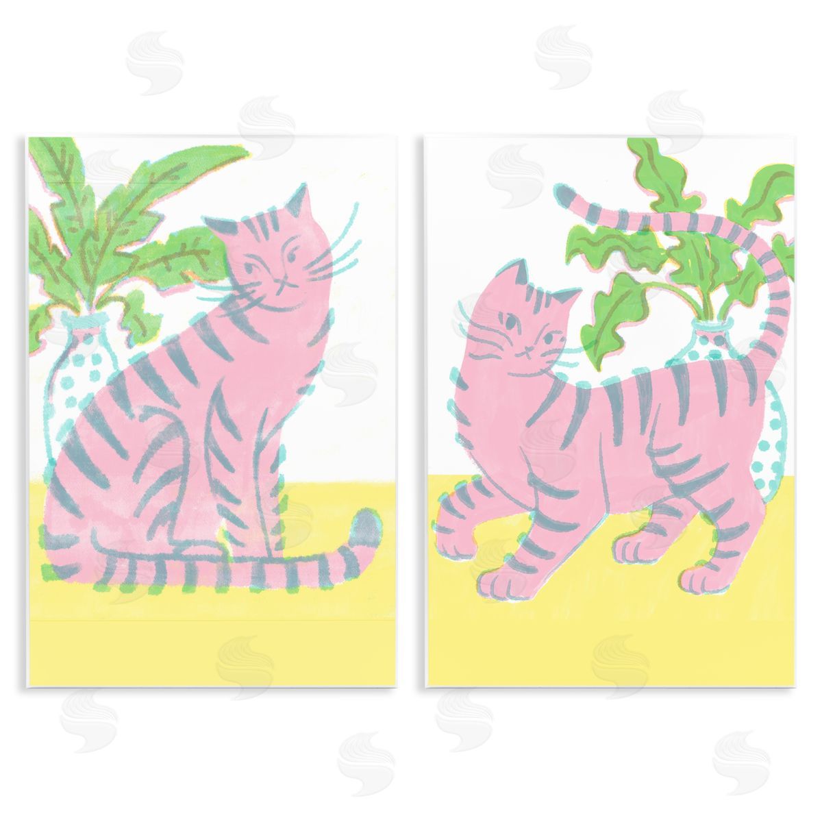 Pastel Pink Cats & Plants Wood Plaque Wall Art, Home Decor by Hannah Moren
