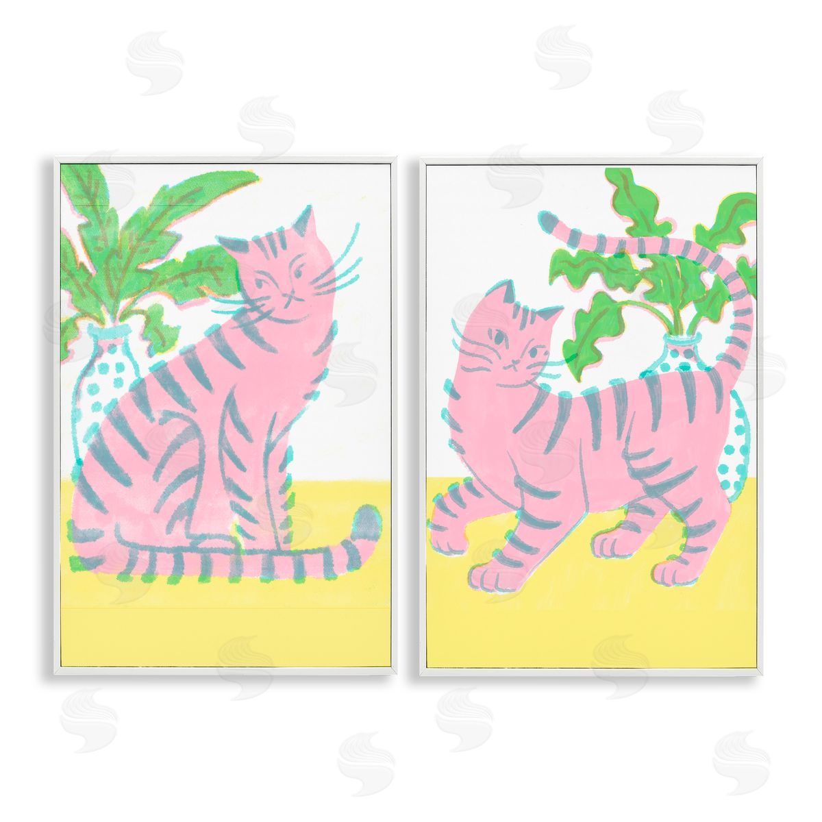 Pastel Pink Cats & Plants White Frame Print Wall Art, Home Decor by Hannah Moren