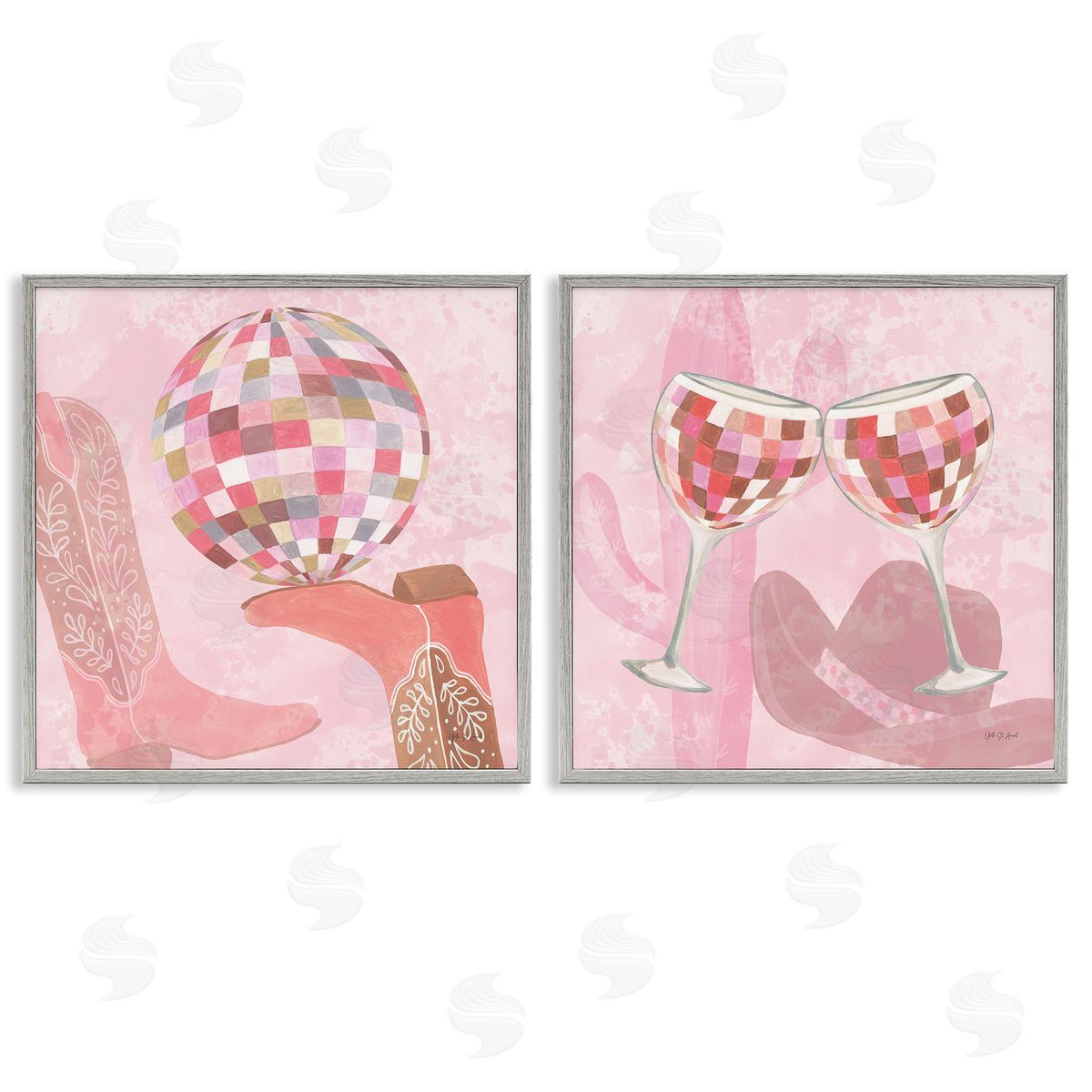 Yvette St. Amant Disco Cowgirl Western Glam Gray Framed Giclee Art Set