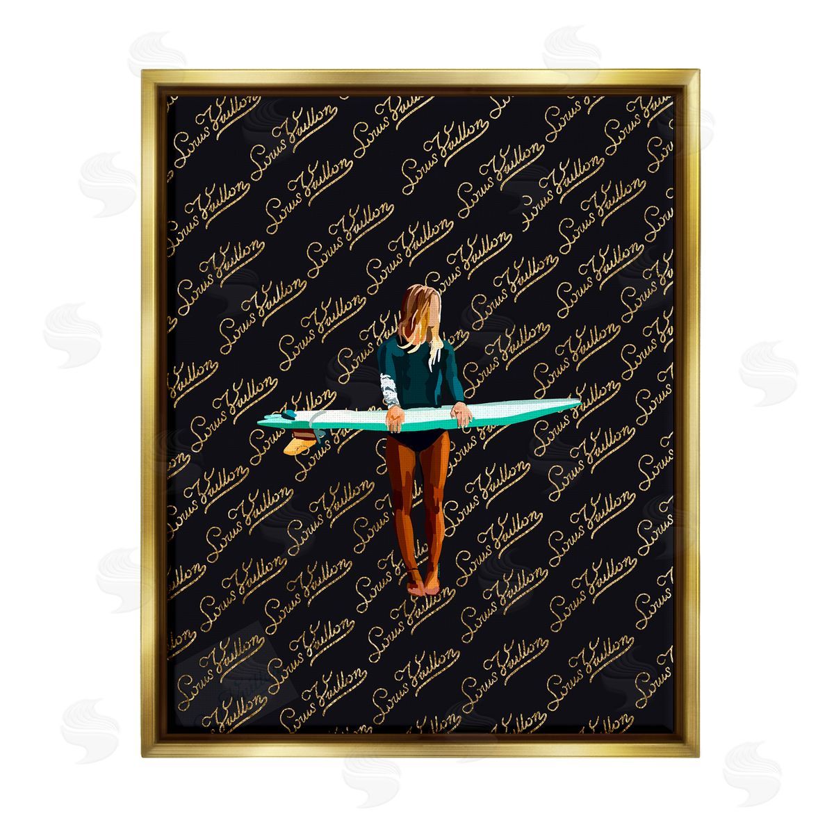 Amelia Noyes Glam Girl with Surfboard Gold Floater Frame Canvas Artside_