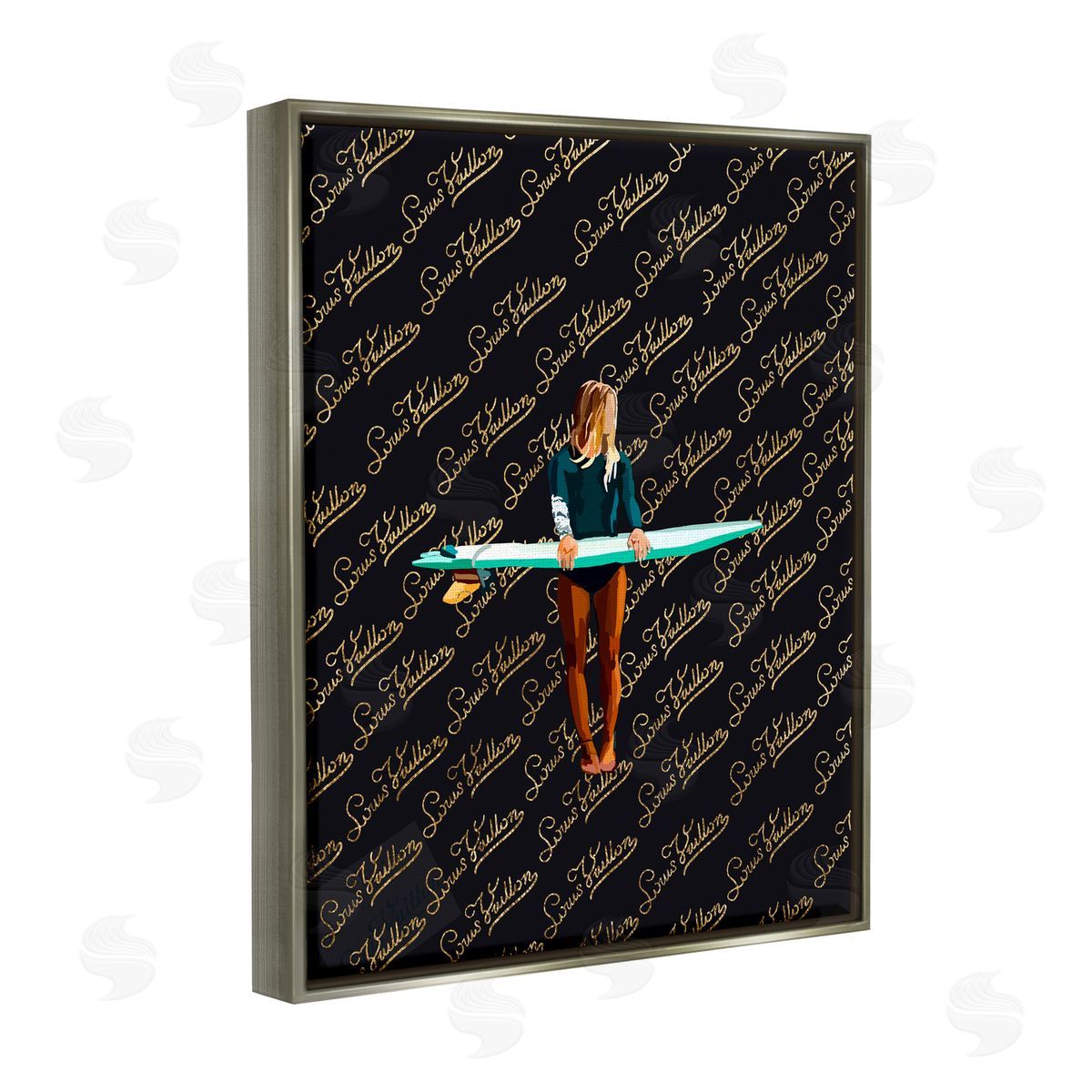 Amelia Noyes Glam Girl with Surfboard Gray Floater Frame Canvas Artside_