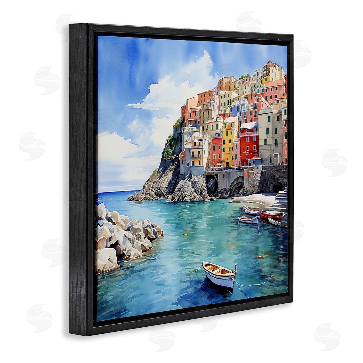 Cinque Terre Port Black Floating Frame Canvas Wall Art, Home Decor by LSR Design Studio