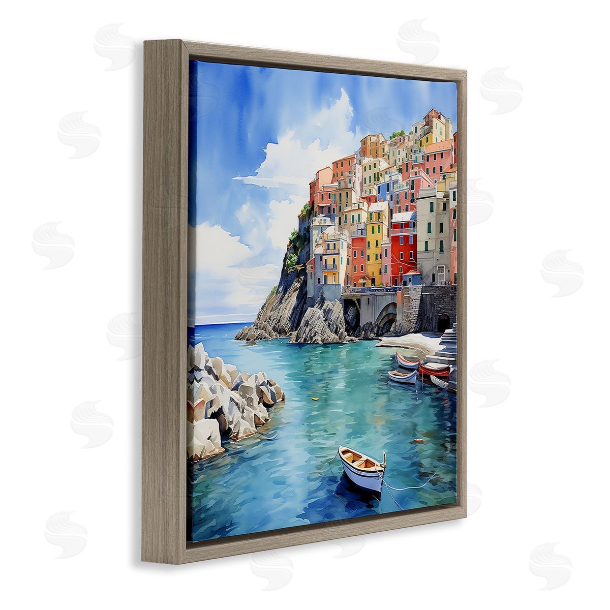 Cinque Terre Port Brown Floating Frame Canvas Wall Art, Home Decor by LSR Design Studio