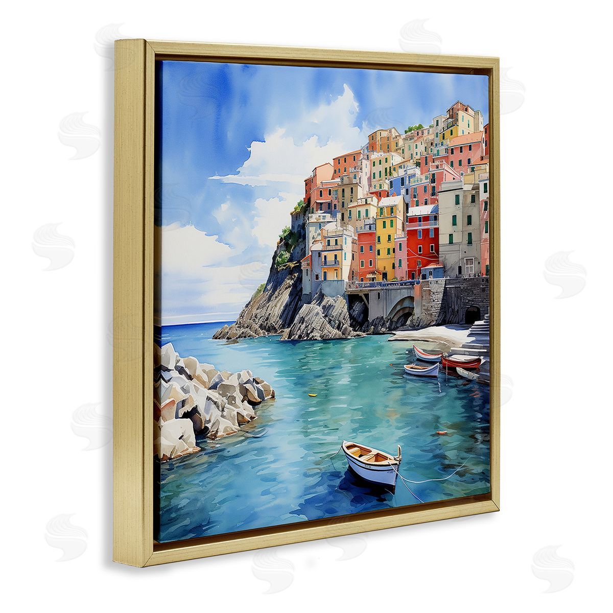 Cinque Terre Port Gold Floating Frame Canvas Wall Art, Home Decor by LSR Design Studio