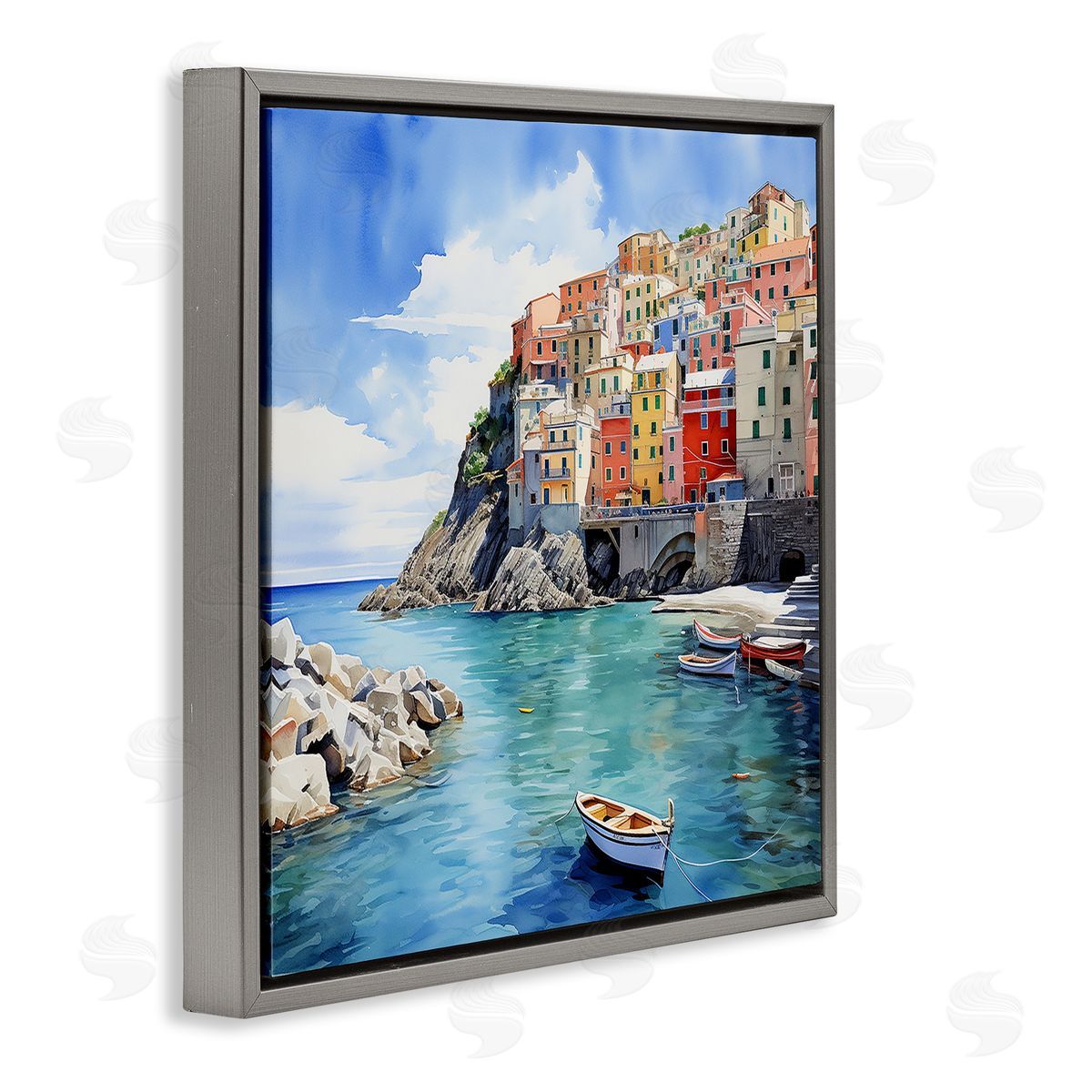 Cinque Terre Port Grey Floating Frame Canvas Wall Art, Home Decor by LSR Design Studio