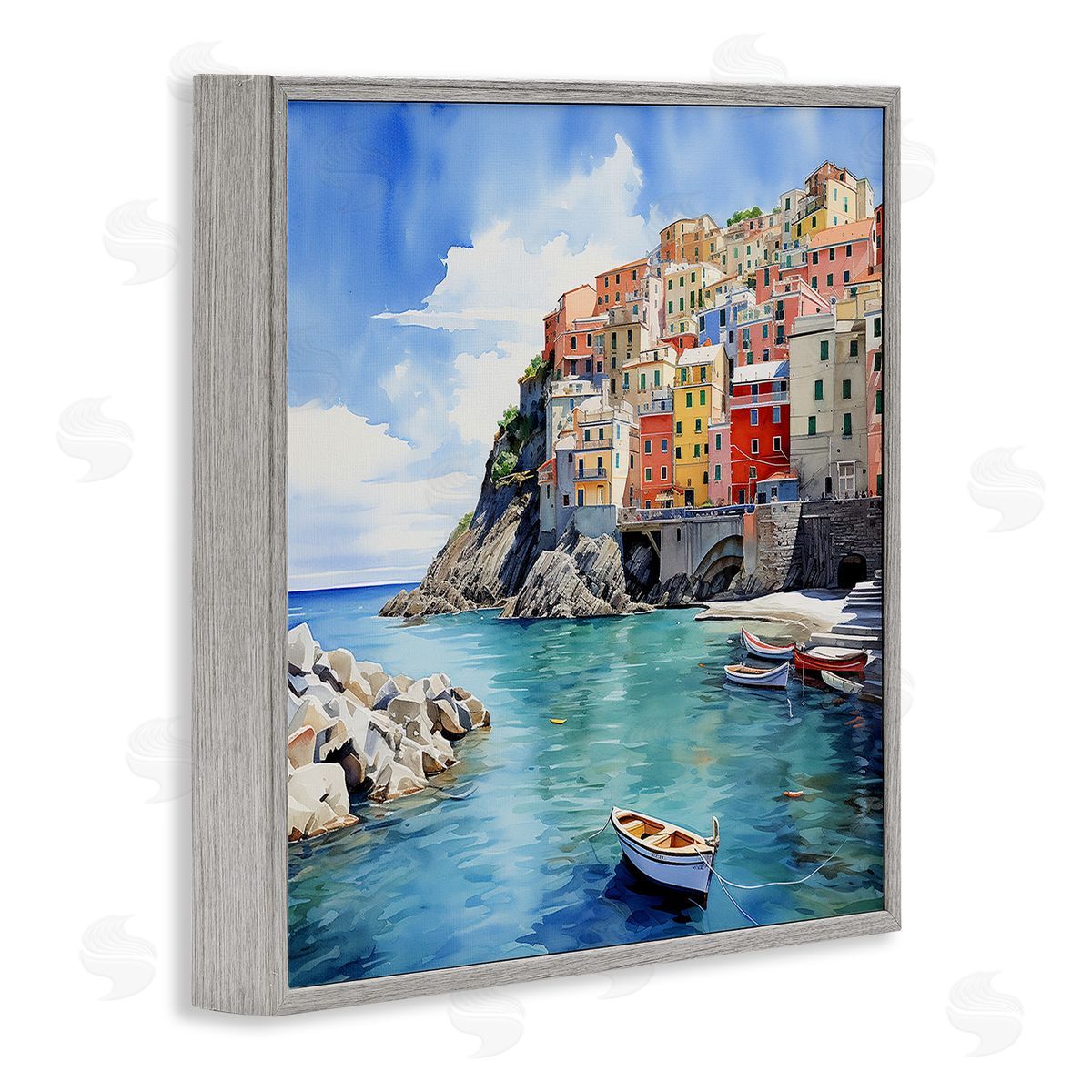 Cinque Terre Port Grey Frame Print Wall Art, Home Decor by LSR Design Studio