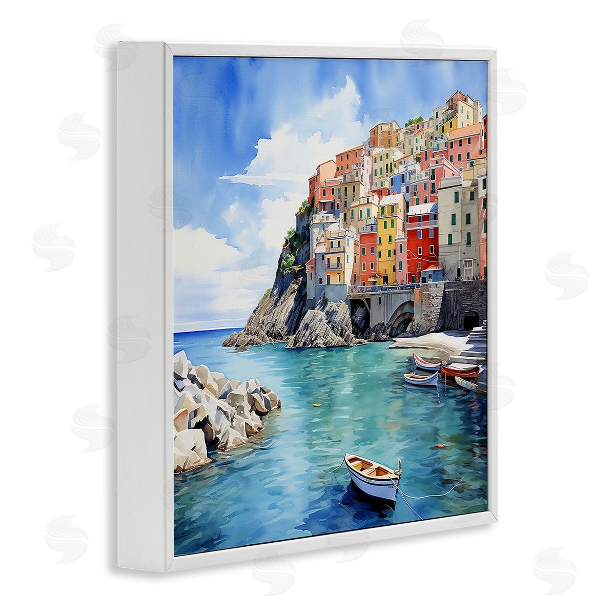 Cinque Terre Port White Frame Print Wall Art, Home Decor by LSR Design Studio