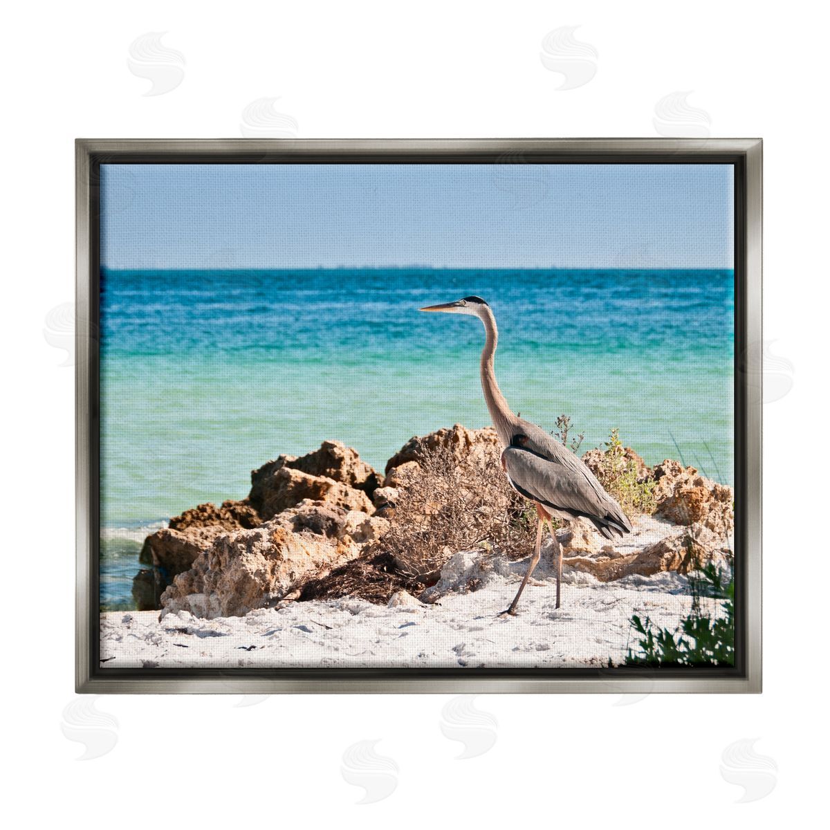Mary Lou Johnson Heron Watching Ocean Gray Floater Frame Canvas Artside_