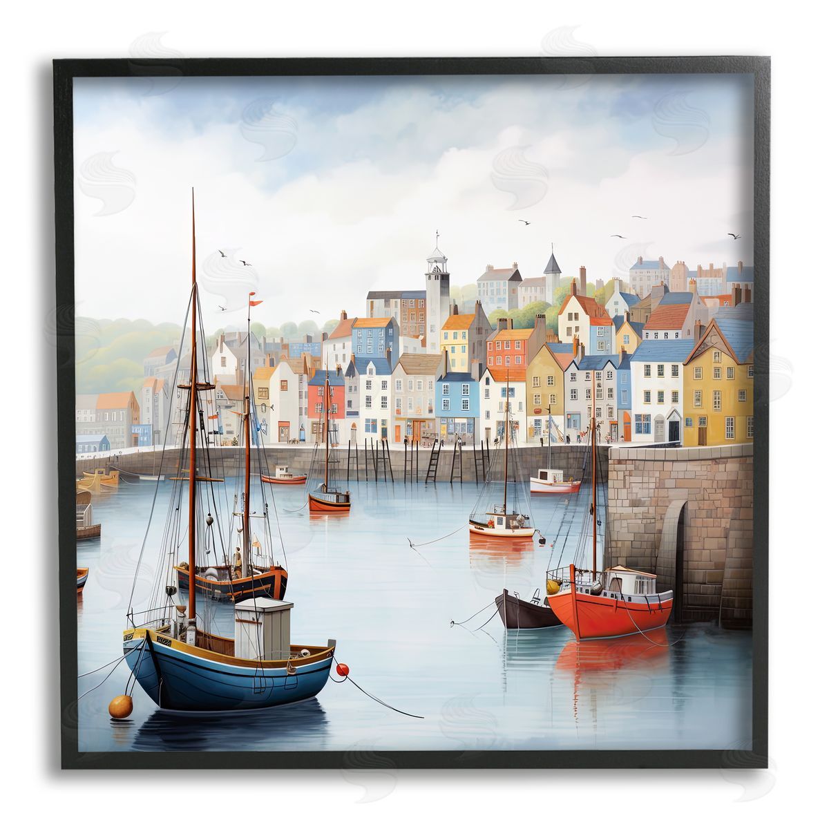 Ray Powers Waterfront Town Marina Black Framed Giclee Wall Artside_