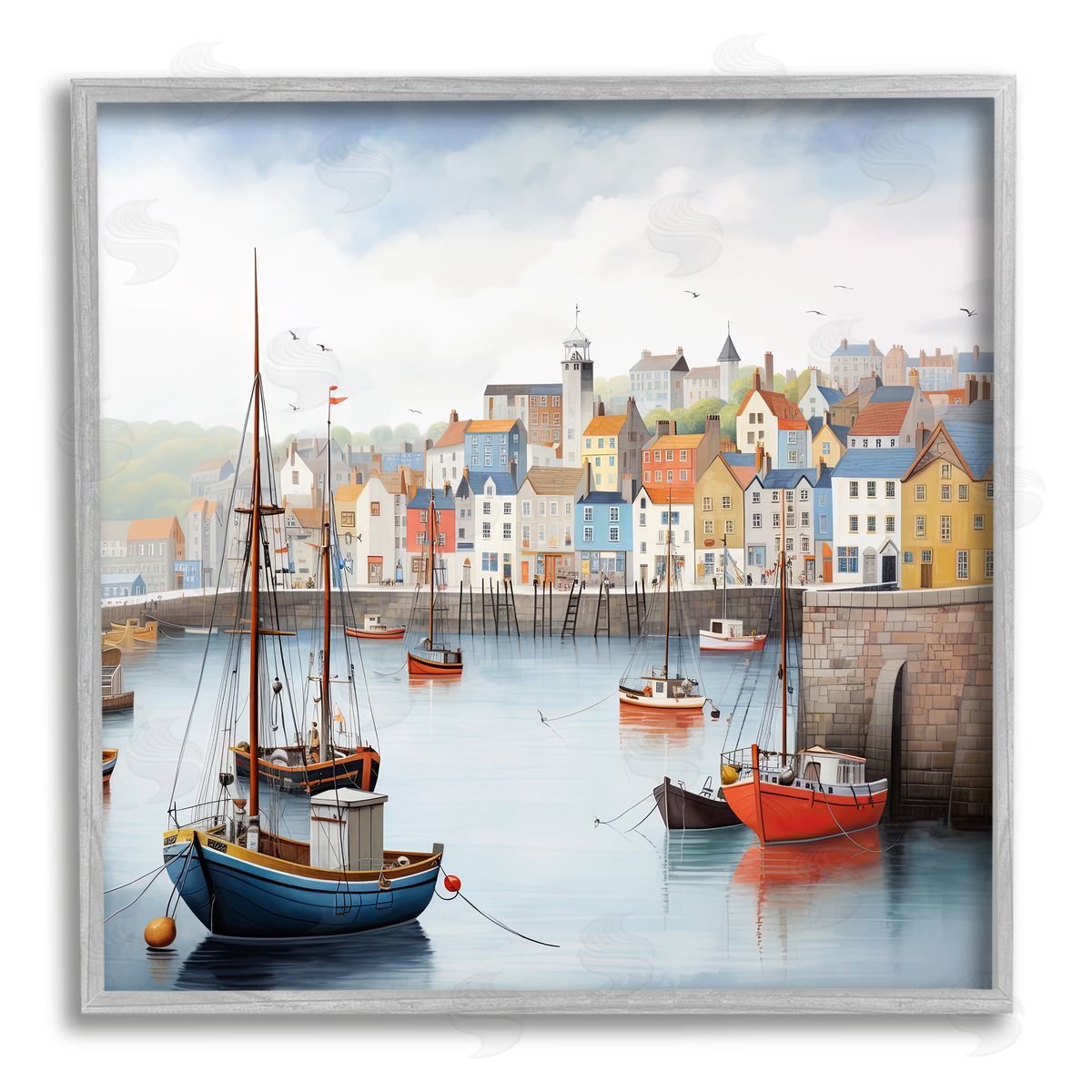 Ray Powers Waterfront Town Marina Gray Framed Giclee Wall Artside_