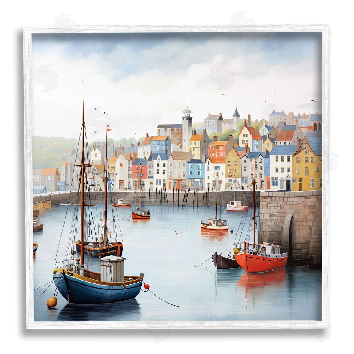 Ray Powers Waterfront Town Marina White Framed Giclee Wall Artside_