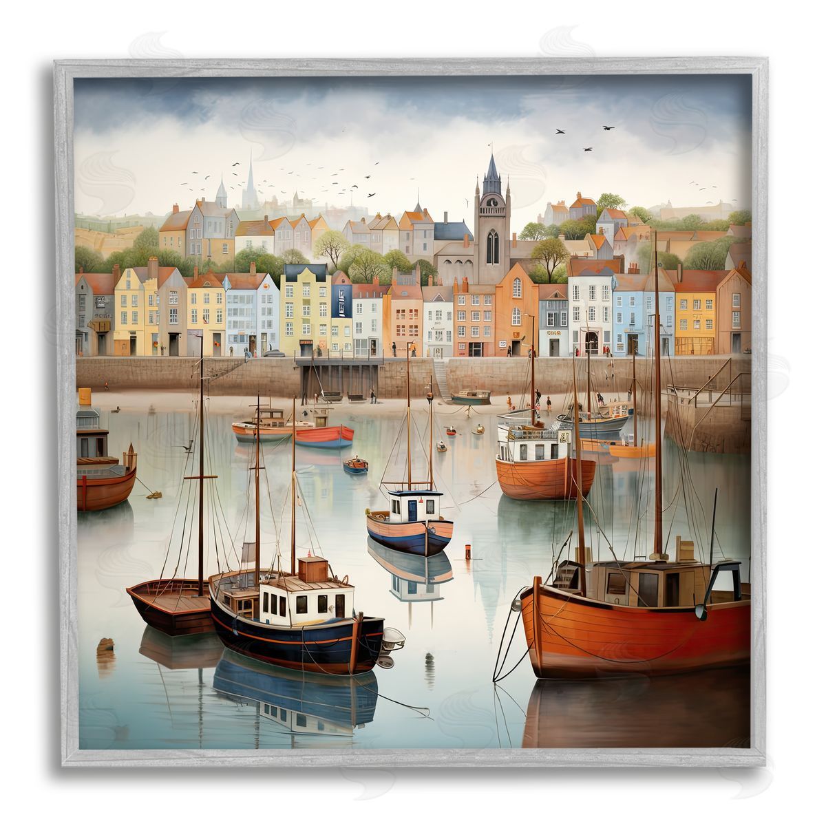 Ray Powers Seaside City Harbor Gray Framed Giclee Wall Artside_