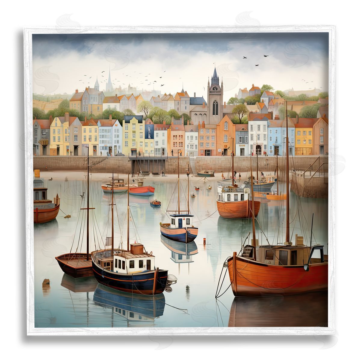 Ray Powers Seaside City Harbor White Framed Giclee Wall Artside_