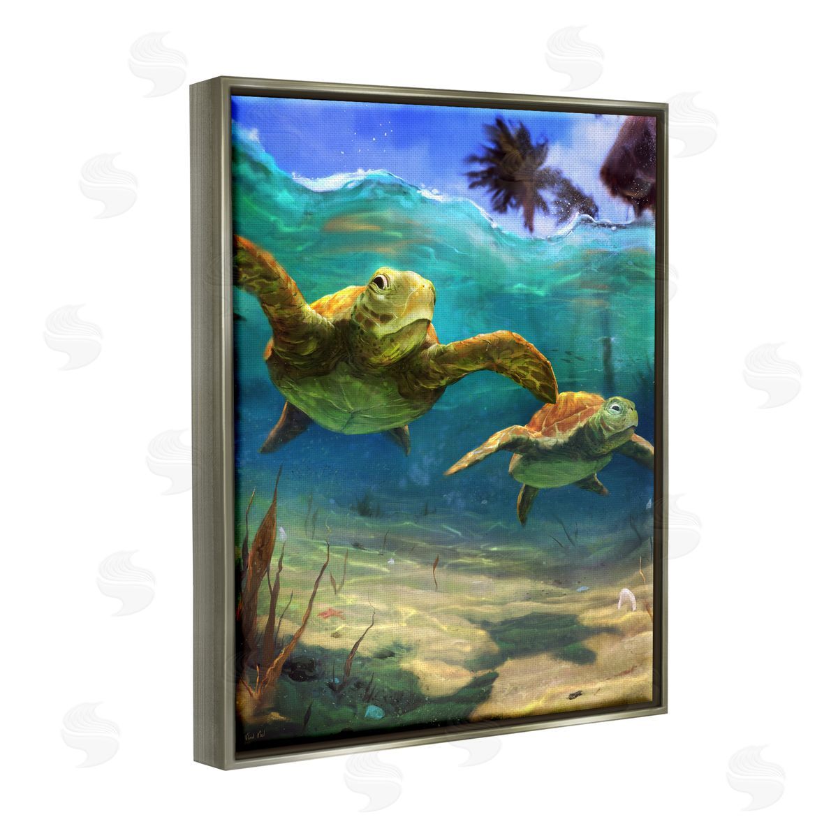 Vlad Mel Tropical Underwater Turtles Gray Floater Frame Canvas Artside_