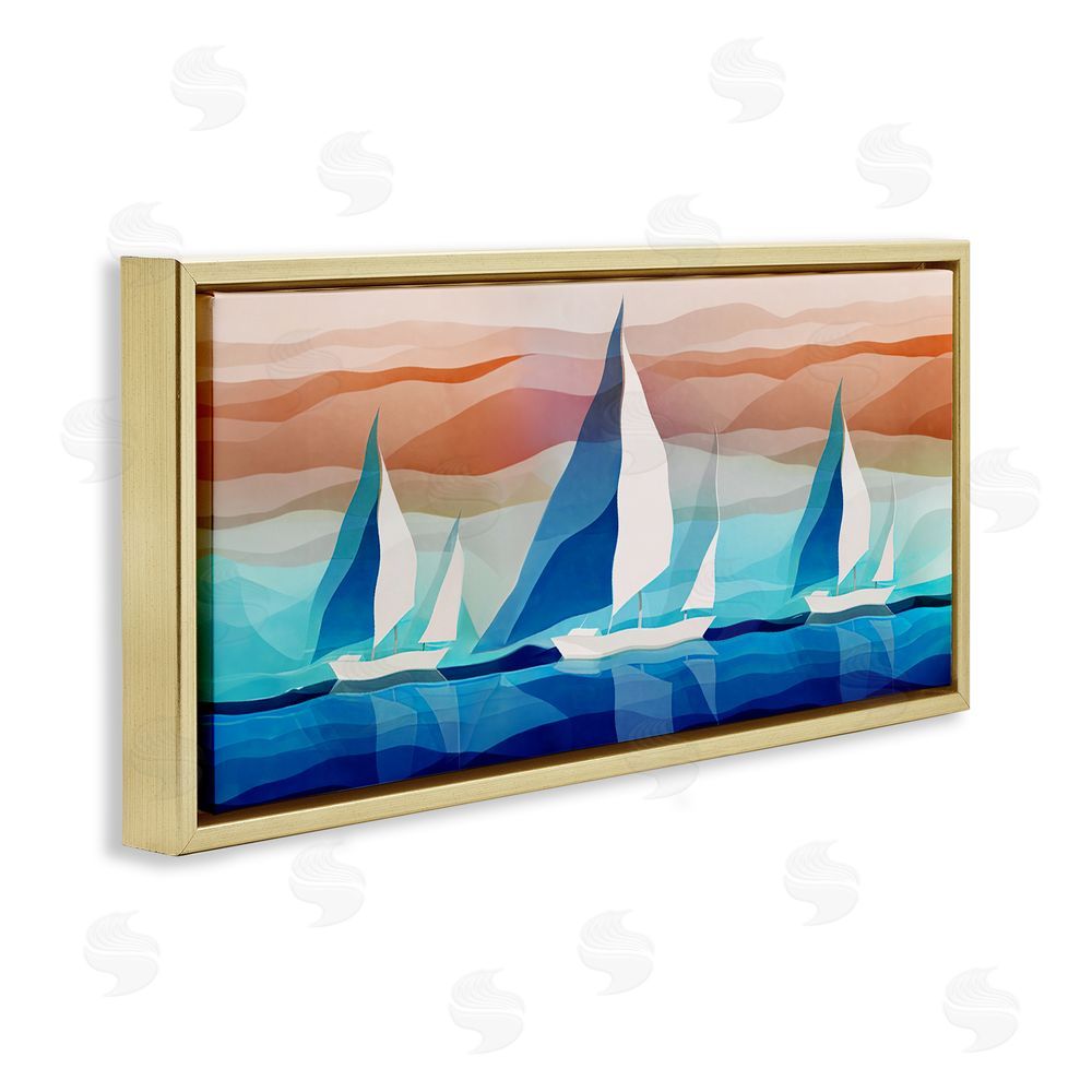 Ziwei Li Geometric Sailboats Scenery Gold Floating Frame Canvas Wall Art Print
