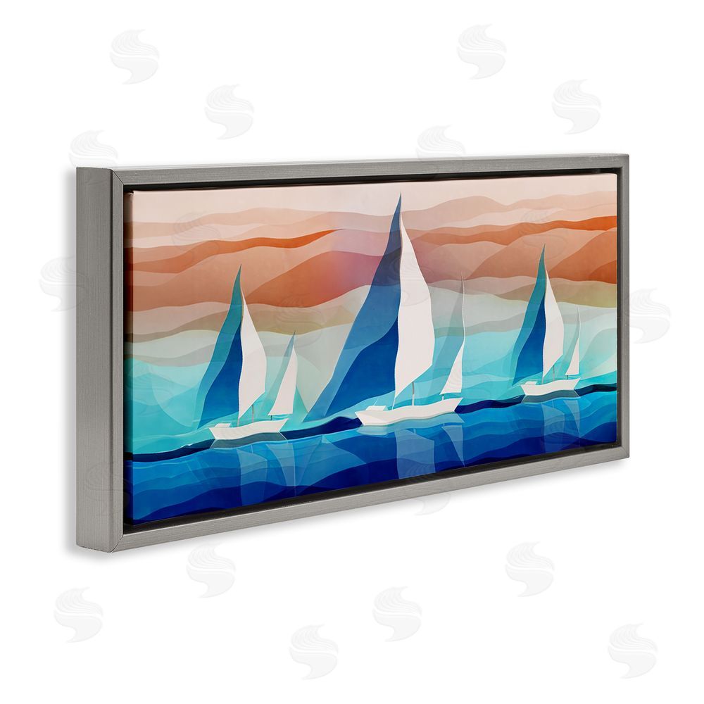 Ziwei Li Geometric Sailboats Scenery Gray Floating Frame Canvas Wall Art Print
