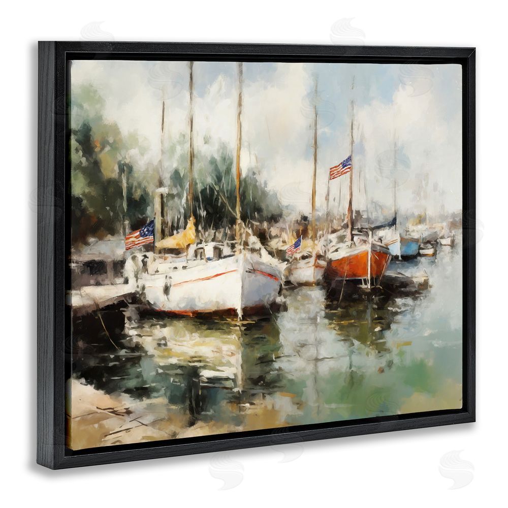 Ziwei Li Americana Boat Harbor Black Floating Frame Canvas Wall Art Print