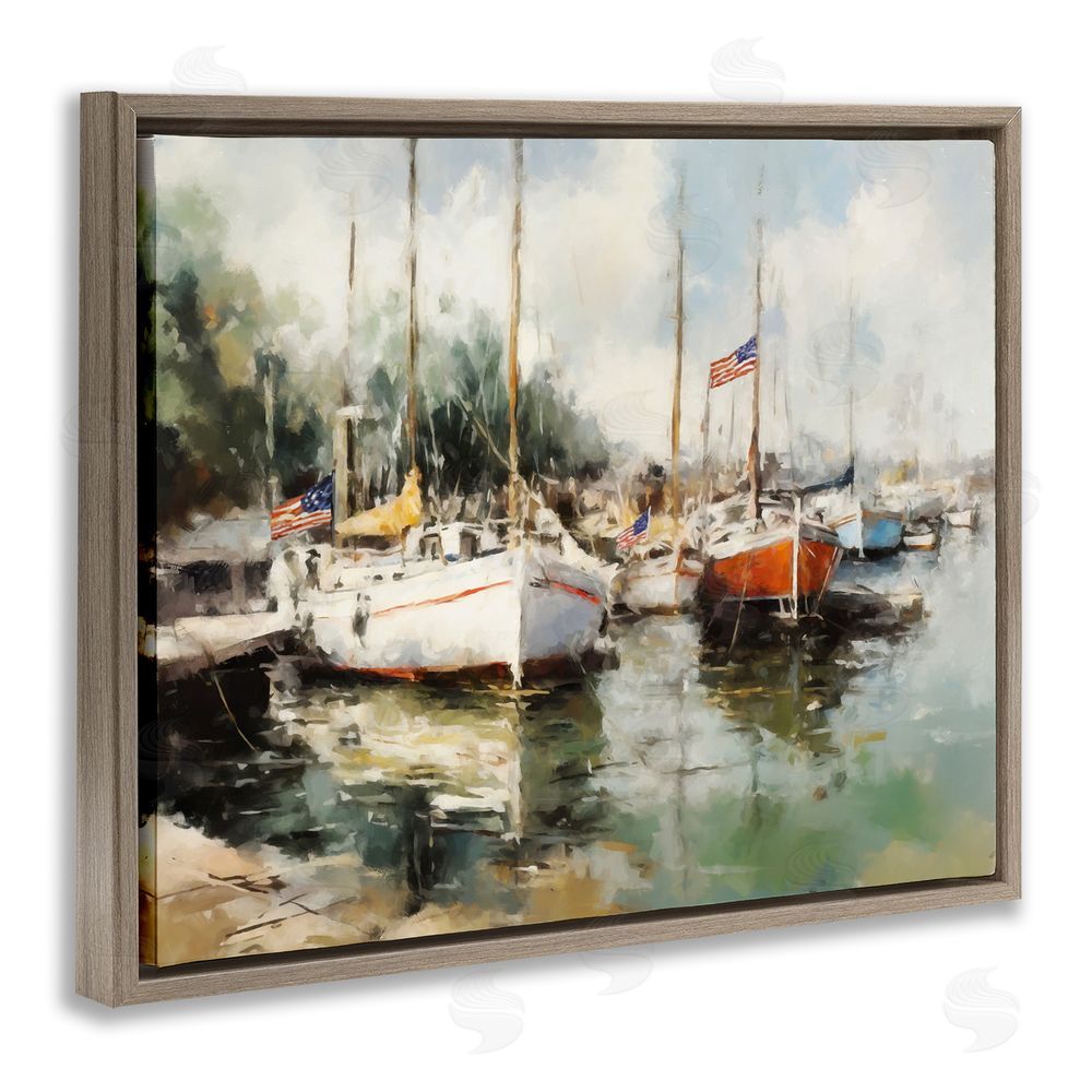 Ziwei Li Americana Boat Harbor Brown Floating Frame Canvas Wall Art Print