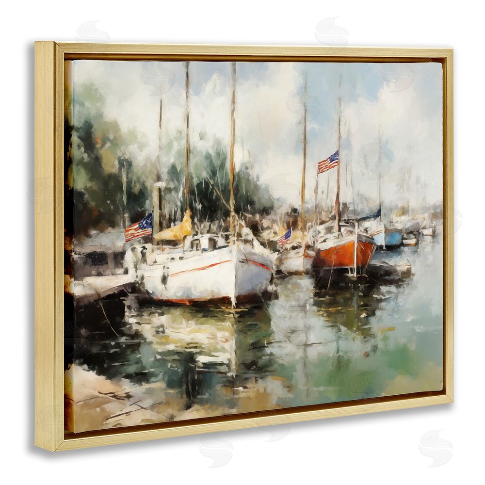 Ziwei Li Americana Boat Harbor Gold Floating Frame Canvas Wall Art Print