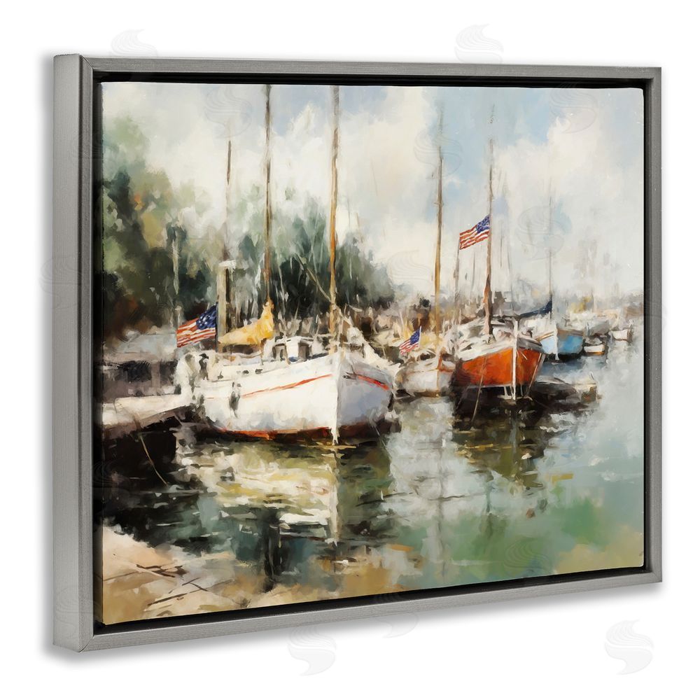 Ziwei Li Americana Boat Harbor Gray Floating Frame Canvas Wall Art Print