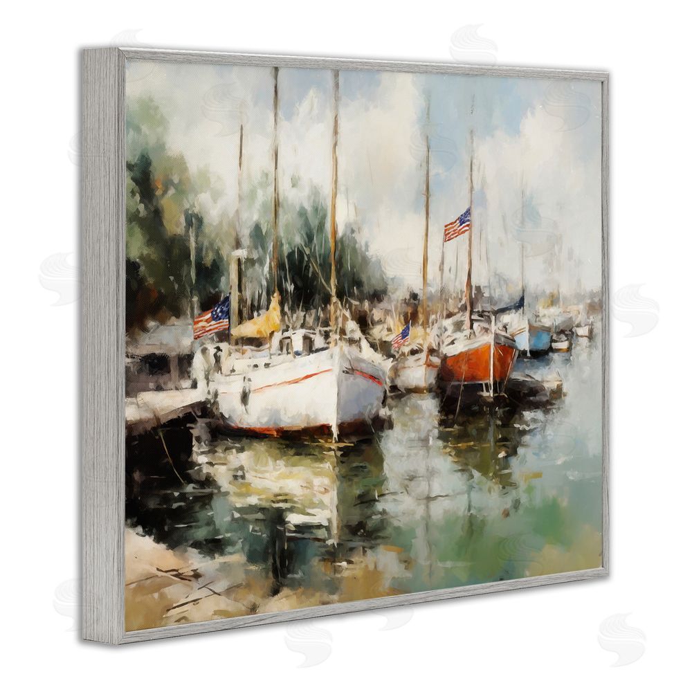 Ziwei Li Americana Boat Harbor Gray Framed Giclee Wall Art Print