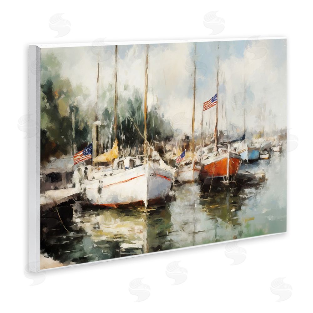 Ziwei Li Americana Boat Harbor Wooden Wall Plaque Art Print