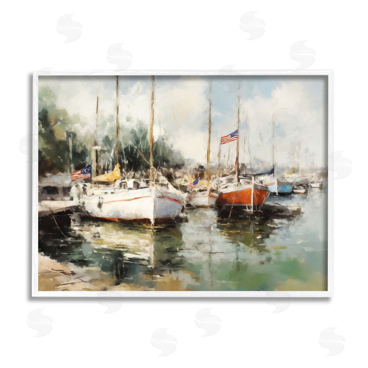 Ziwei Li Americana Boat Harbor White Framed Giclee Wall Artside_