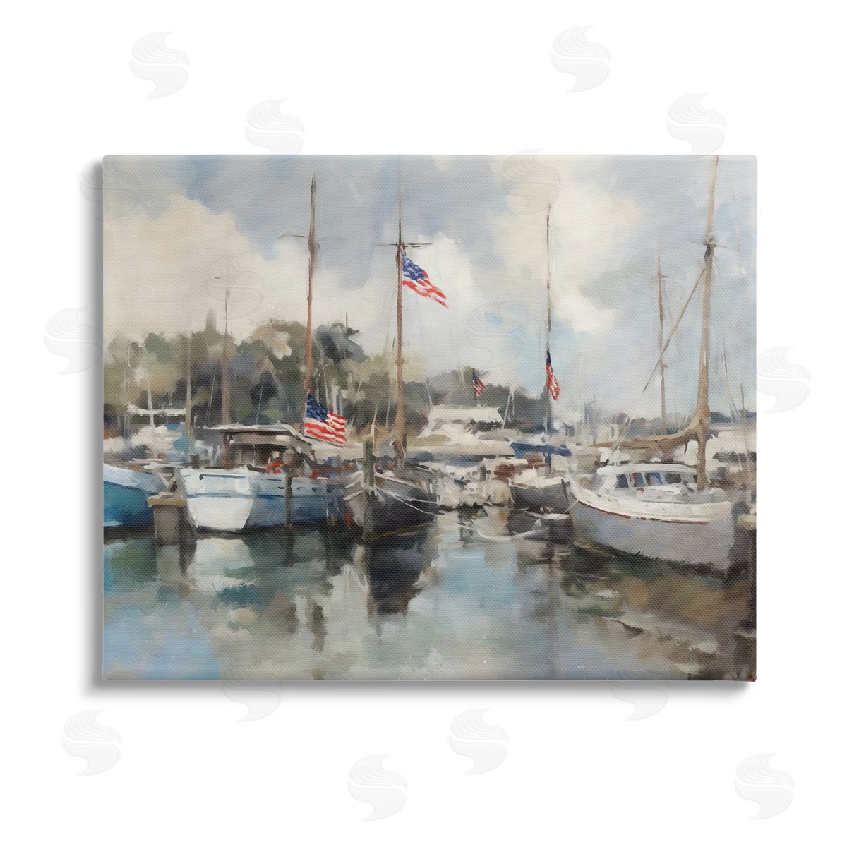 Ziwei Li Boats with American Flags Canvas Wall Art
