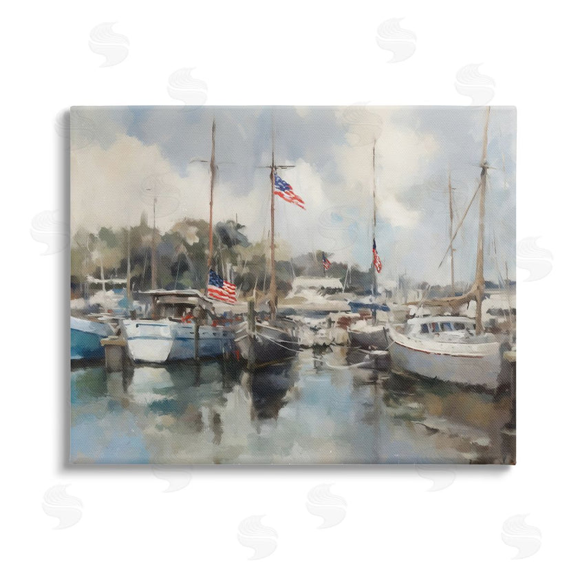 Ziwei Li Boats with American Flags Canvas Wall Art