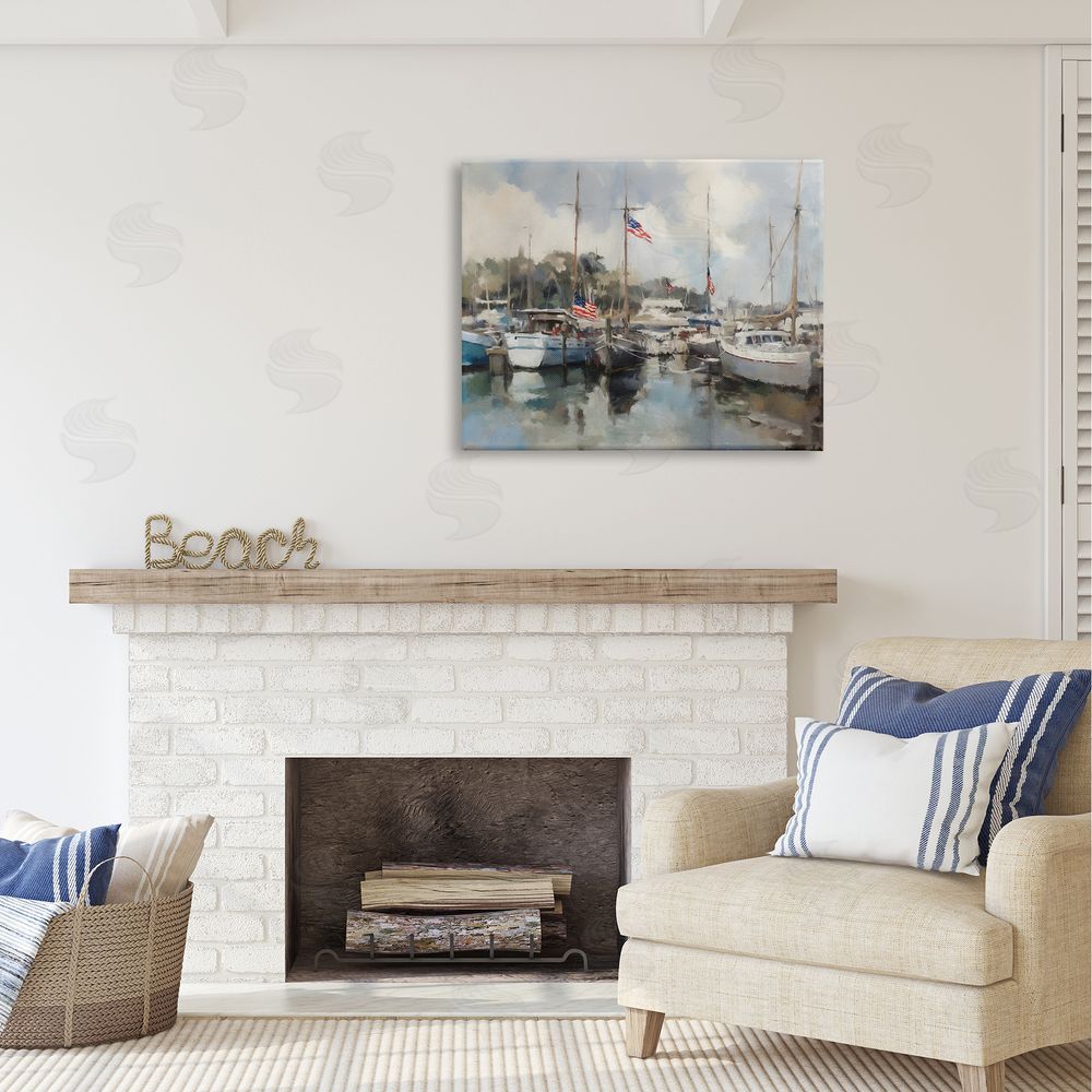 Ziwei Li Boats with American Flags Canvas Wall Art Print in Room