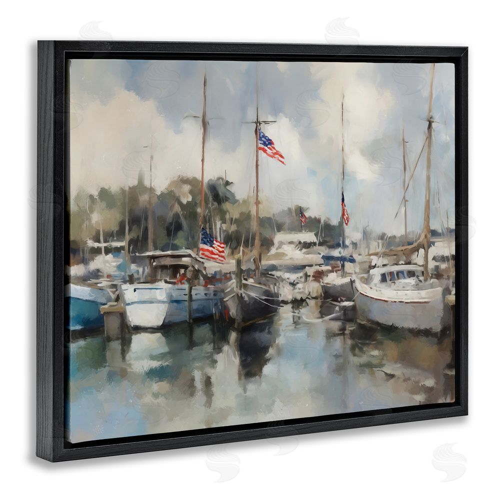 Ziwei Li Boats with American Flags Black Floating Frame Canvas Wall Art Print