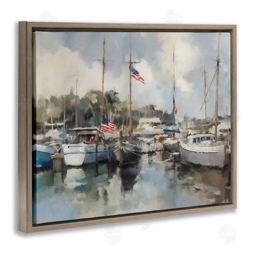 Ziwei Li Boats with American Flags Brown Floating Frame Canvas Wall Art Print