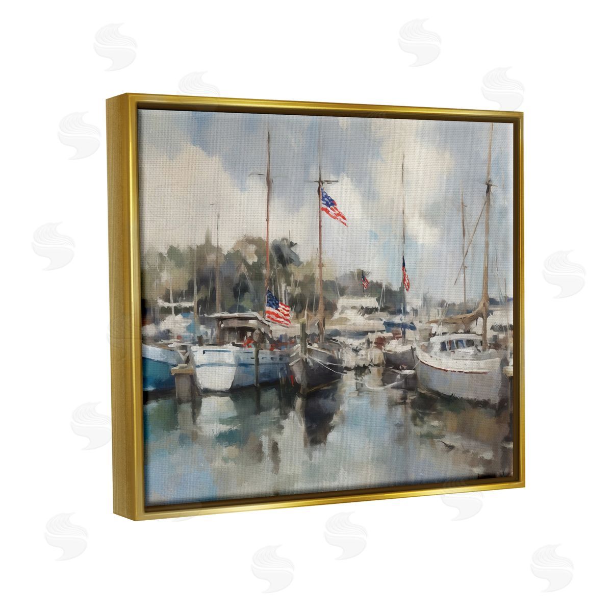 Ziwei Li Boats with American Flags Gold Floater Frame Canvas Artside_
