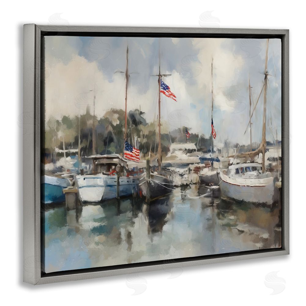 Ziwei Li Boats with American Flags Gray Floating Frame Canvas Wall Art Print
