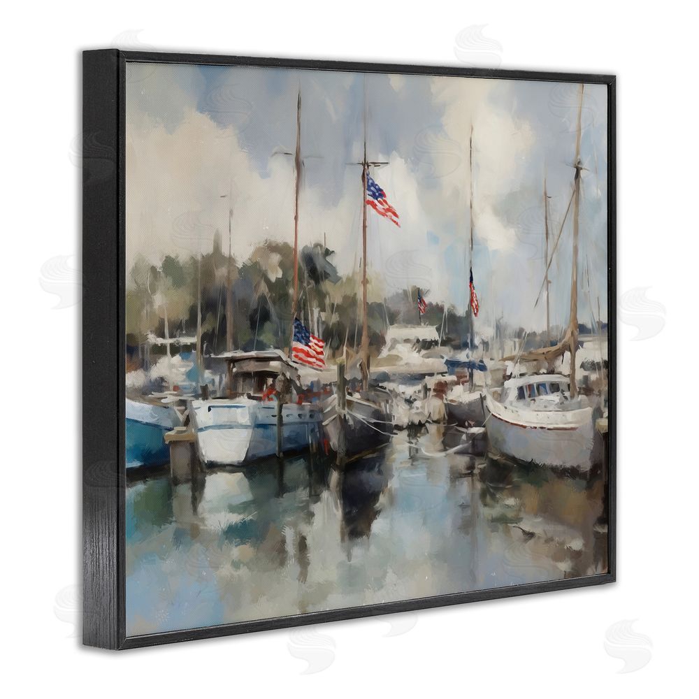 Ziwei Li Boats with American Flags Black Framed Giclee Wall Art Print