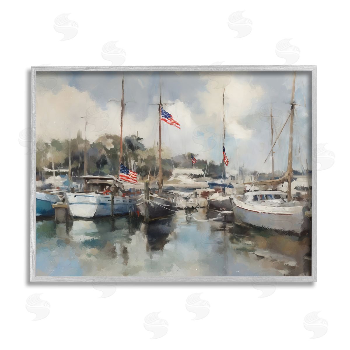Ziwei Li Boats with American Flags Gray Framed Giclee Wall Artside_
