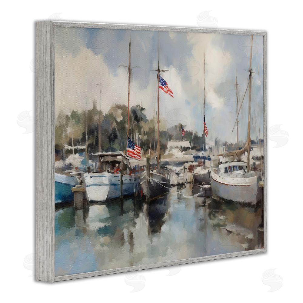 Ziwei Li Boats with American Flags Gray Framed Giclee Wall Art Print