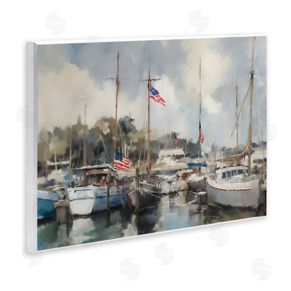Ziwei Li Boats with American Flags Wooden Wall Plaque Art Print