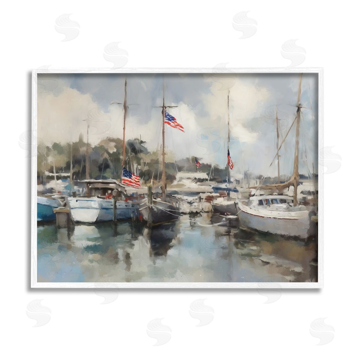 Ziwei Li Boats with American Flags White Framed Giclee Wall Artside_