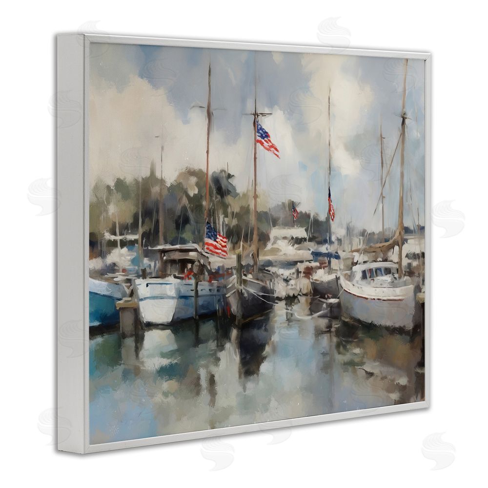 Ziwei Li Boats with American Flags White Framed Giclee Wall Art Print