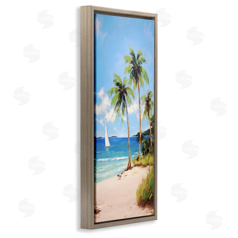 Ziwei Li Palm Trees & Sailboat Brown Floating Frame Canvas Wall Art Print